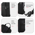 Black crossbody backpack with quick-access zipper and detachable sling belt.