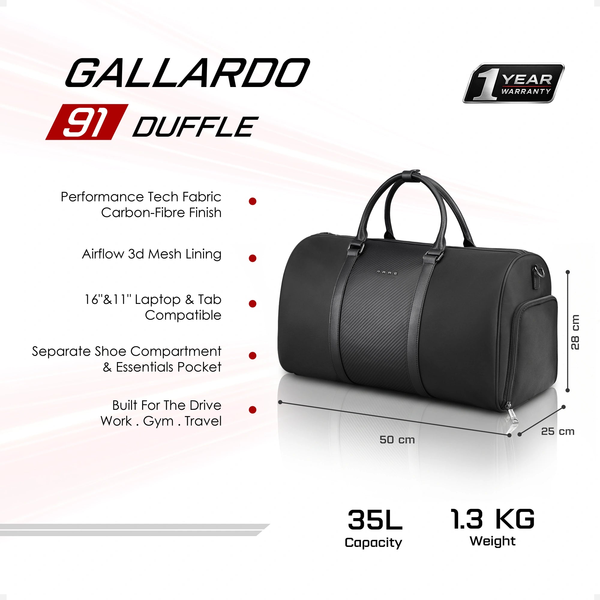 Carbon black duffle bag with short handles and side zipper pocket