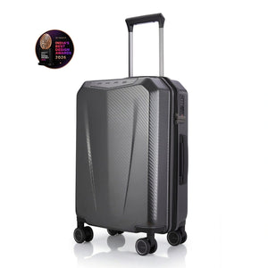 Hard-shell trolley suitcase, dark grey polycarbonate shell with telescopic handle and wheels