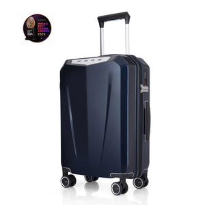 Hard-shell trolley suitcase, dark blue polycarbonate shell with telescopic handle and four wheels