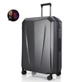 Hard-shell trolley suitcase, dark grey polycarbonate shell with side zipper and caster wheels