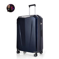 Hard-shell trolley suitcase, dark blue polycarbonate shell with side handle and caster wheels
