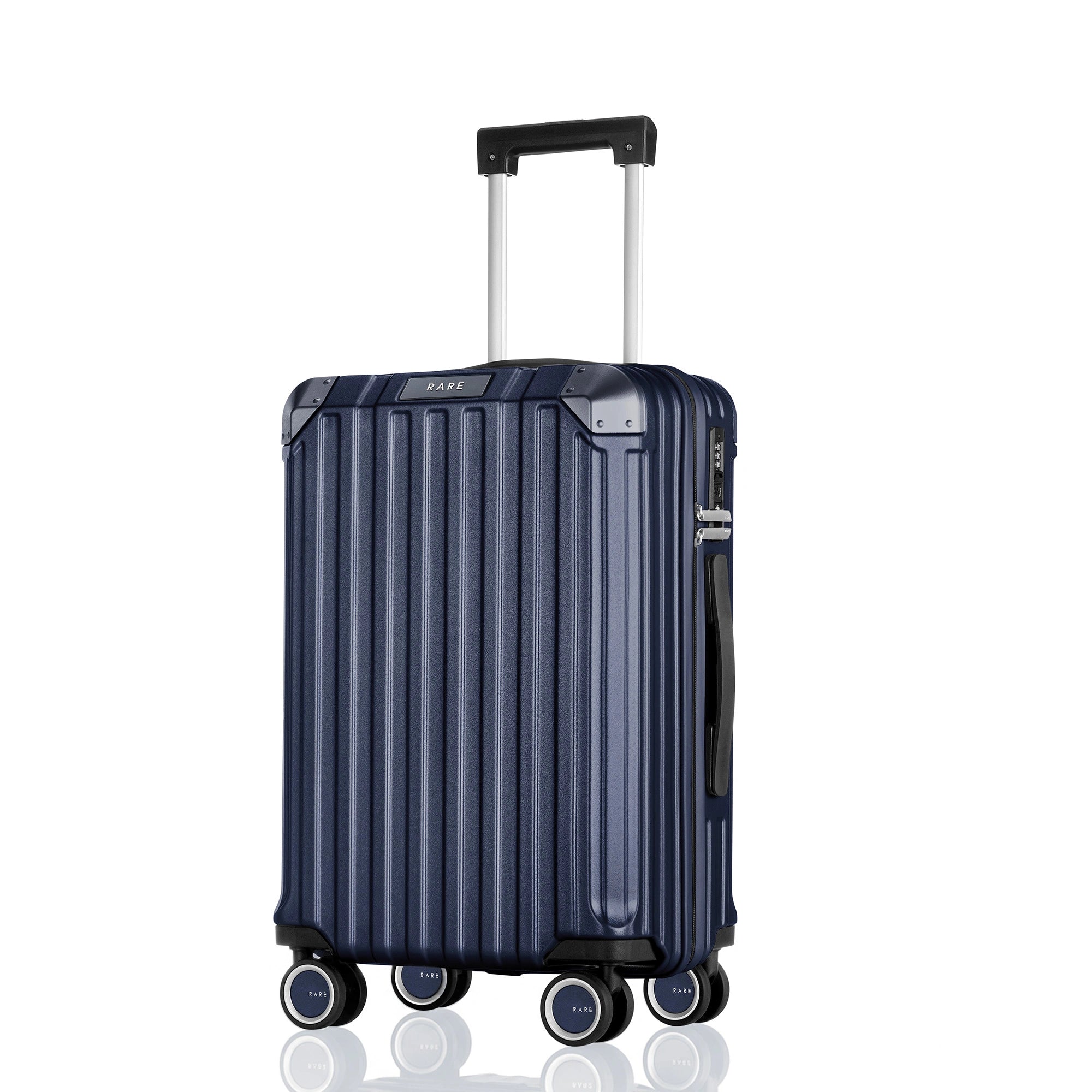 Blue polycarbonate cabin suitcase with telescopic handle and 8 smooth wheels