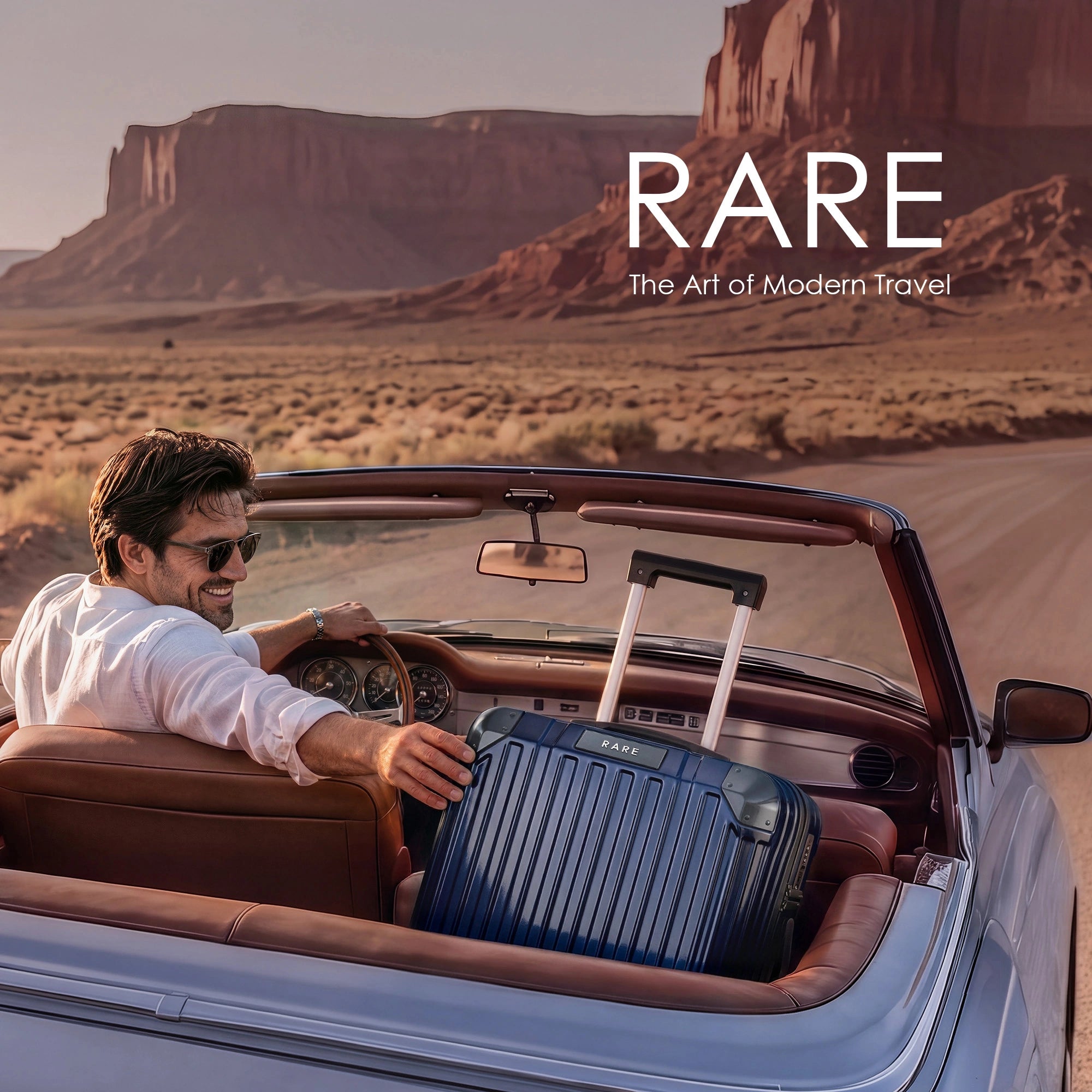 Blue wheeled cabin suitcase on car seat beside traveler