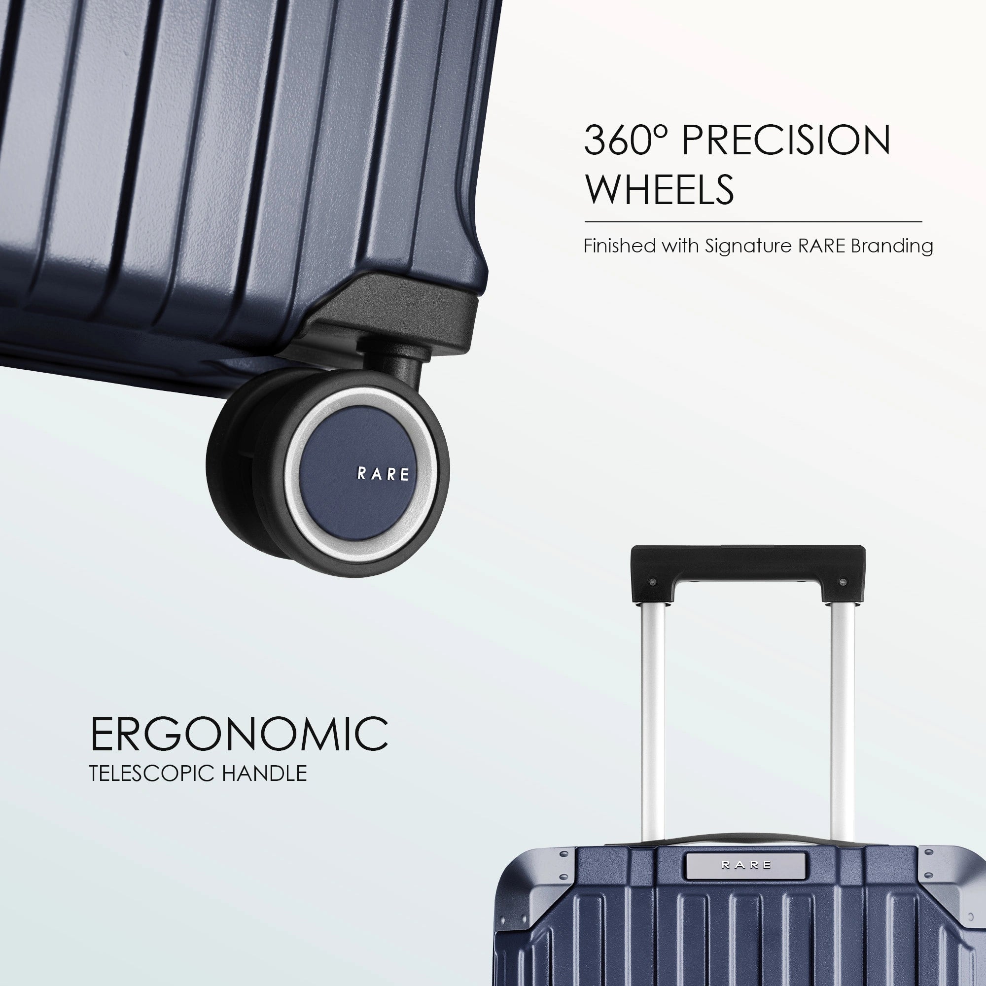 Blue suitcase corner with 360 precision wheel and telescopic handle