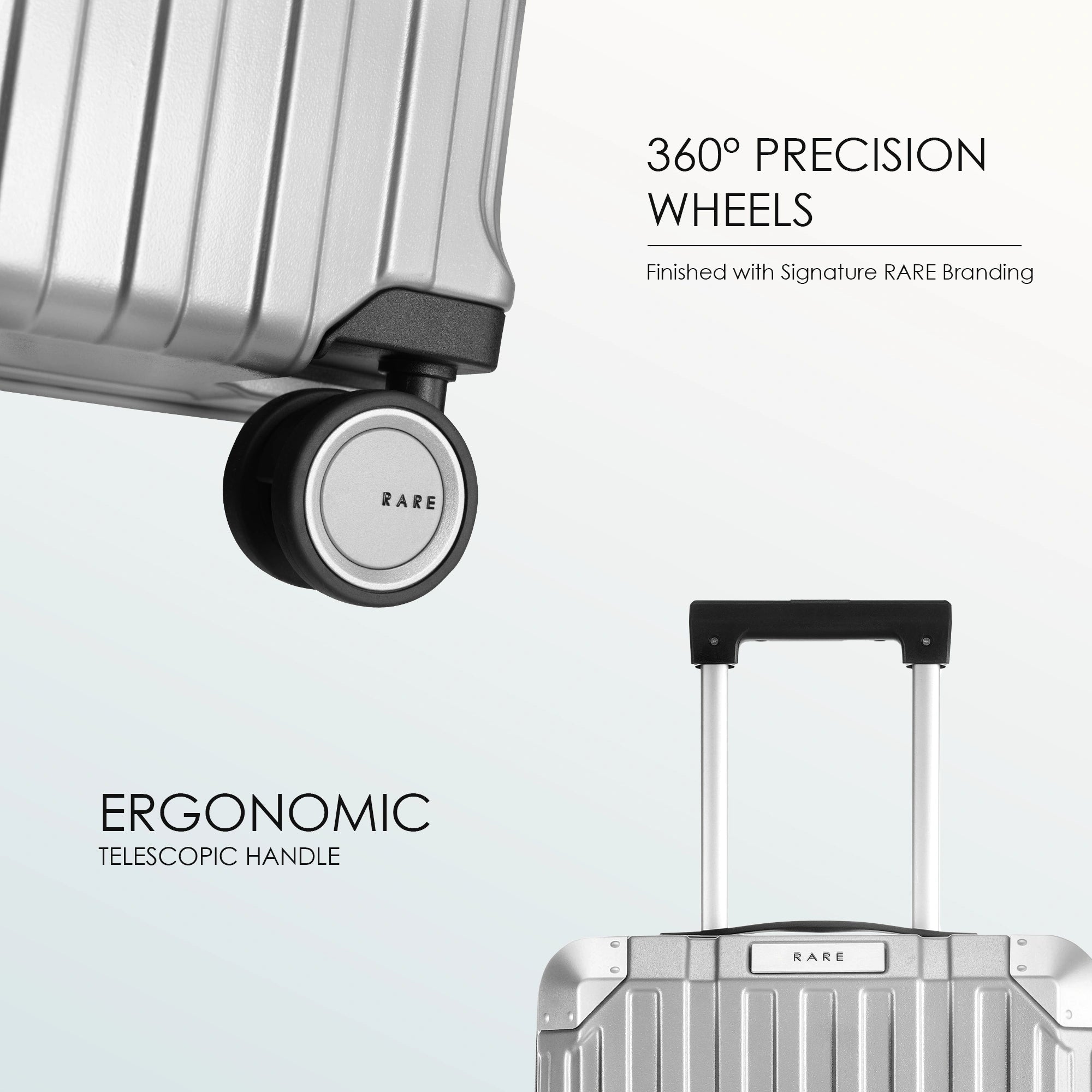 Silver polycarbonate suitcase with 360° wheels and telescopic handle