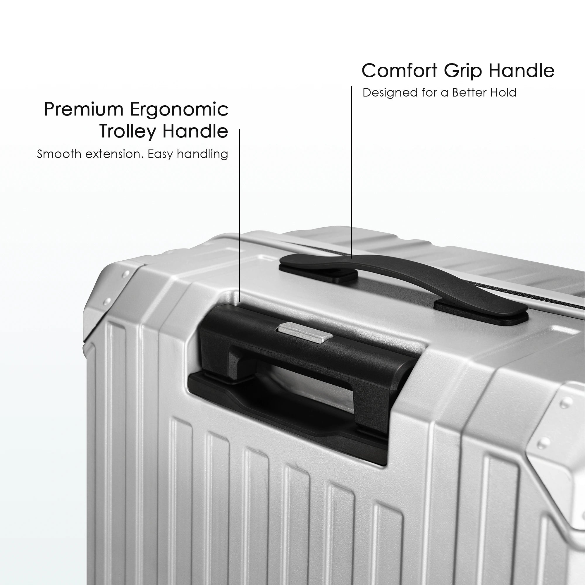 Silver suitcase top grip with comfortable ergonomic trolley handle