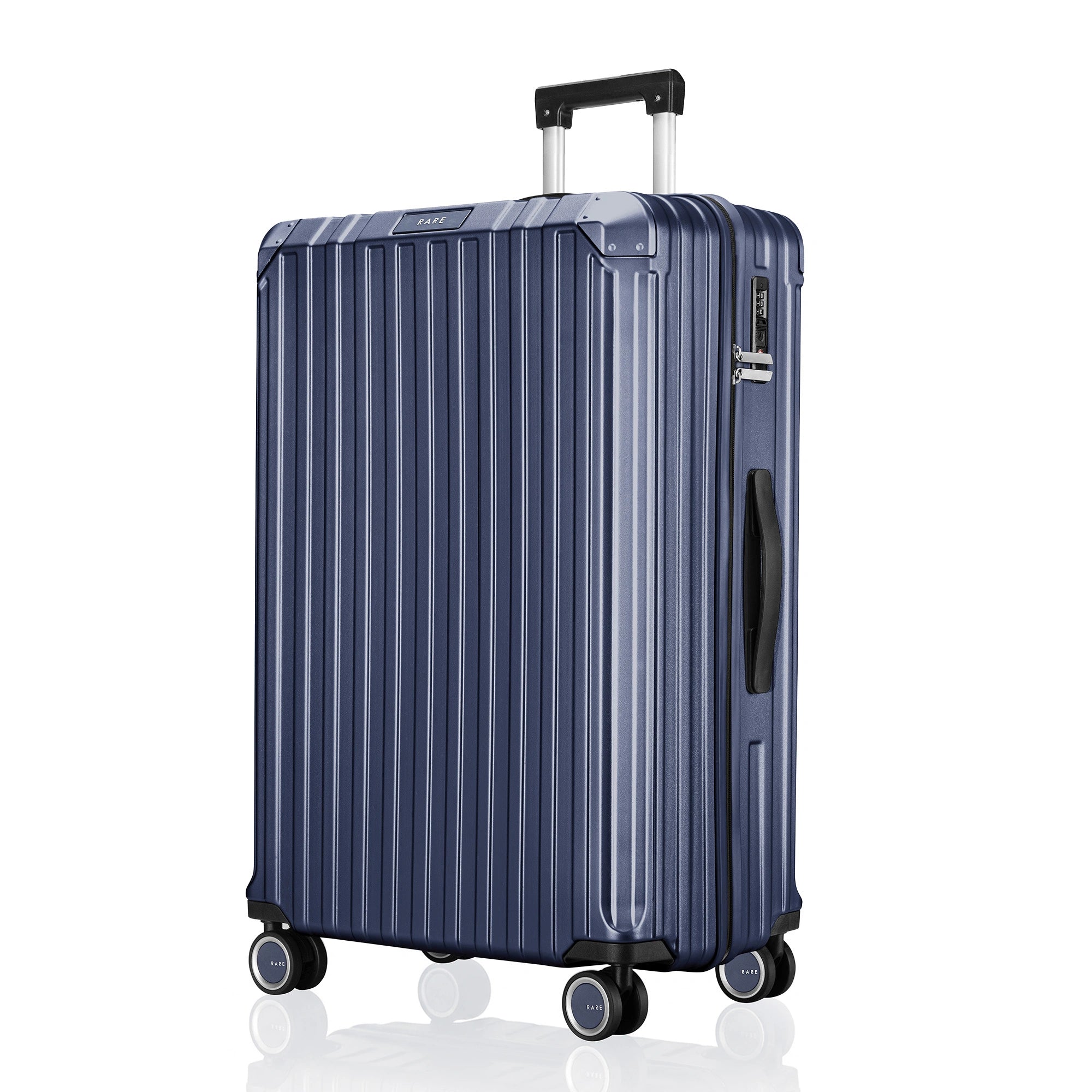 Blue hardside polycarbonate suitcase with telescopic handle and spinner wheels.