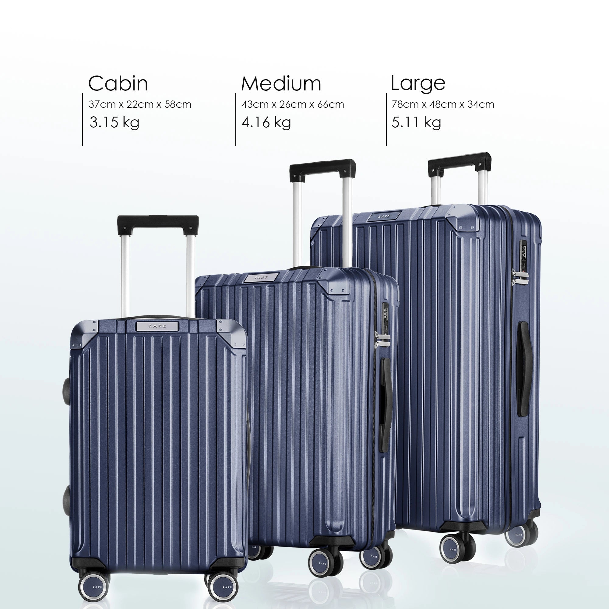 Blue hardside cabin, medium, and large suitcases with telescopic handles and wheels.