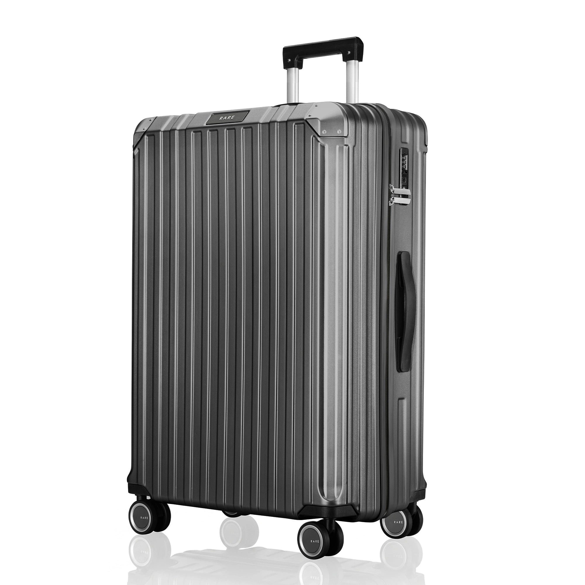 Large ribbed polycarbonate suitcase, charcoal gray, with wheels and telescopic handle