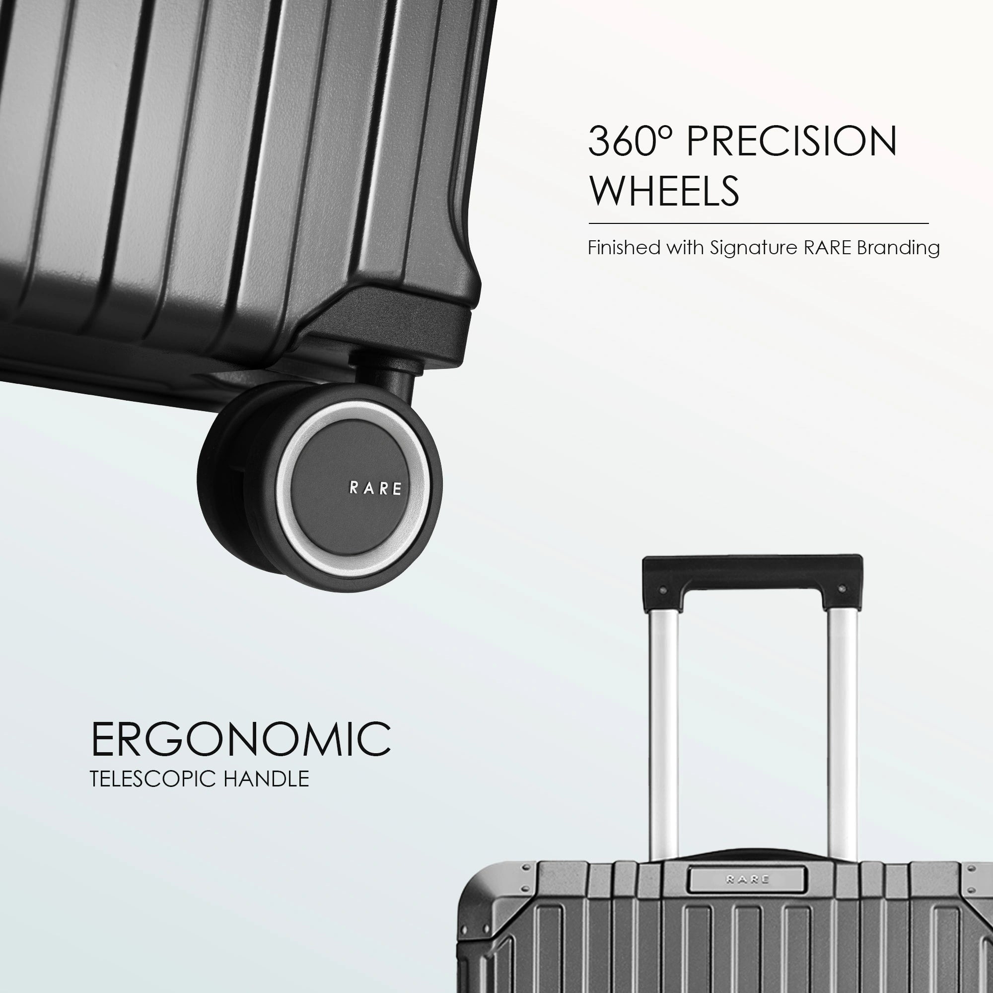 Blue ribbed suitcase with 360-degree precision spinner wheels and telescopic handle.