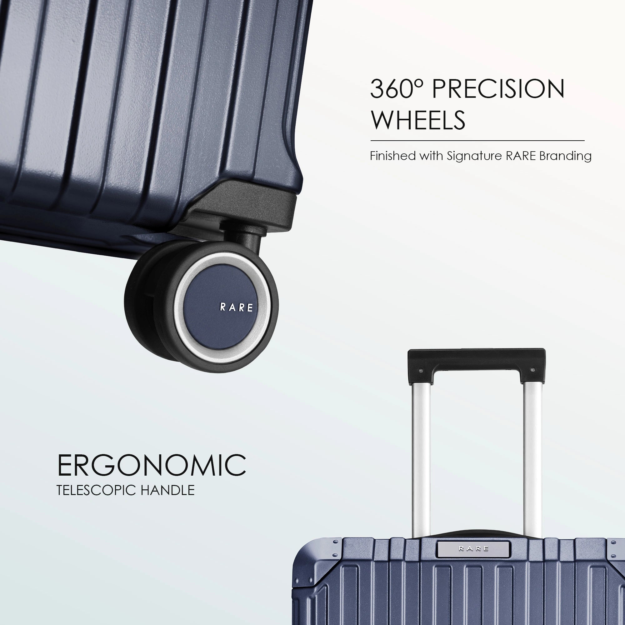 Close-up of blue suitcase spinner wheel with RARE branding and ribbed shell