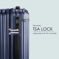 Blue suitcase recessed TSA lock on side panel with zip track