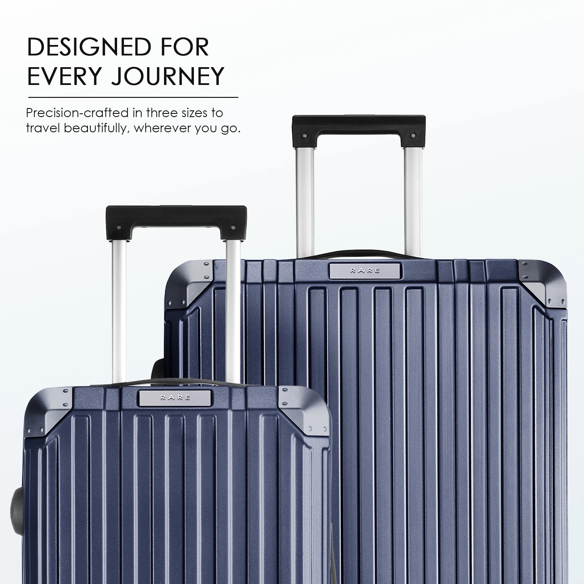 Blue polycarbonate suitcase with telescopic handle and ribbed hardshell