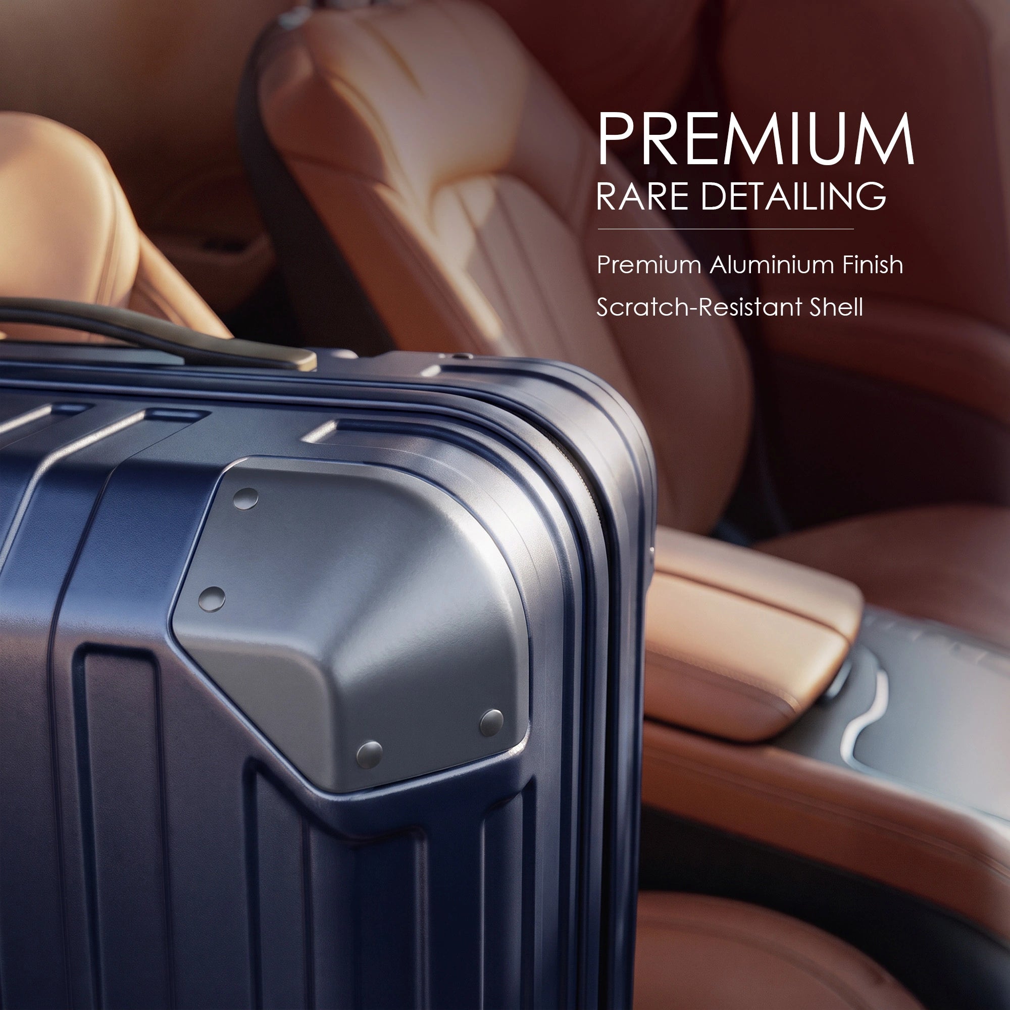 Blue polycarbonate suitcase corner detail with premium aluminum finish