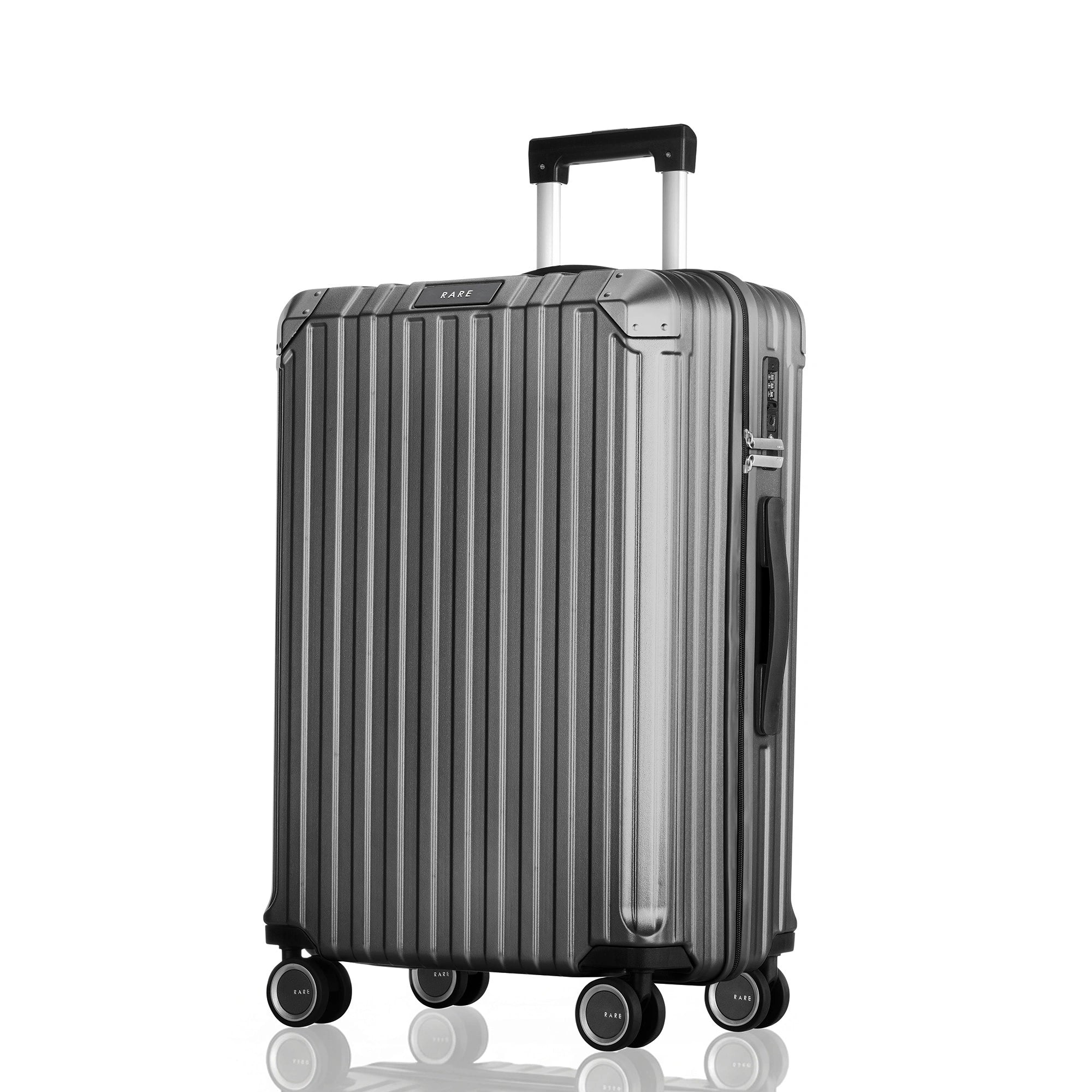 Charcoal grey polycarbonate carry-on suitcase with telescopic handle and 8 wheels