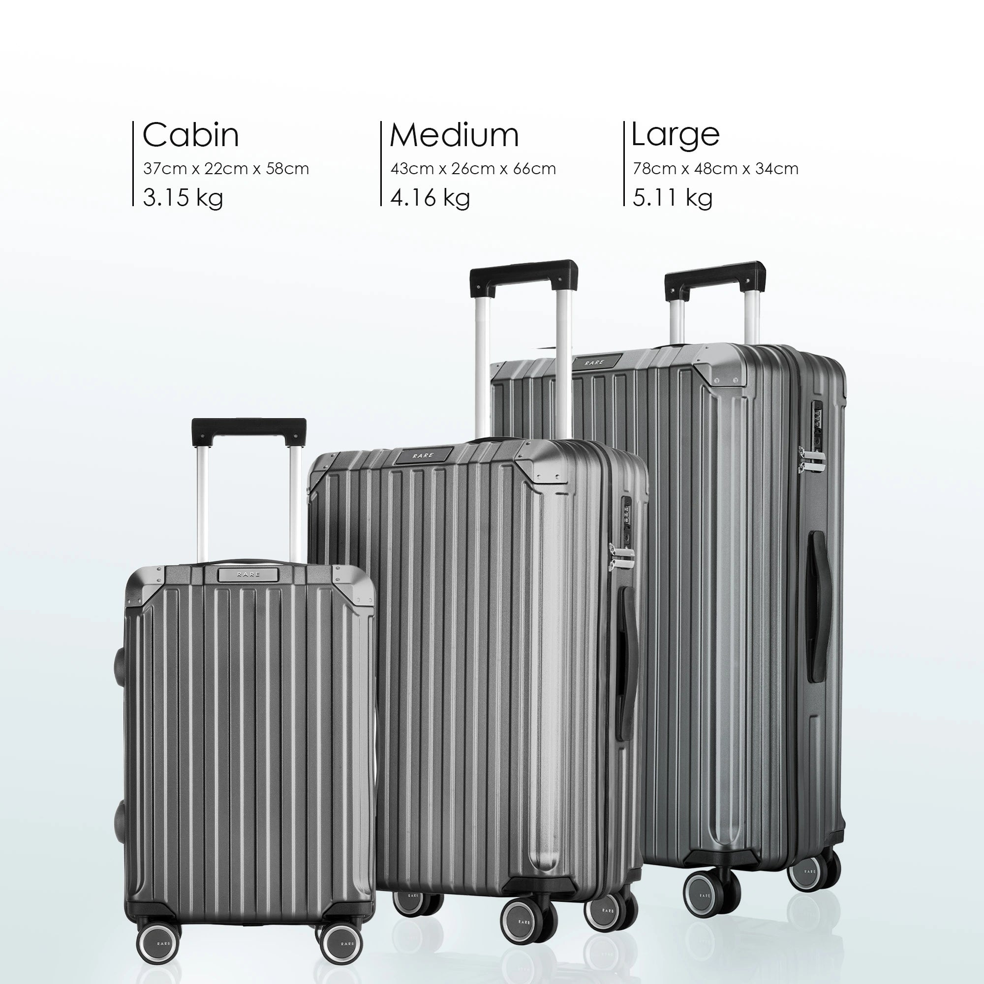 Charcoal grey polycarbonate suitcase with 8 wheels, side carry handle, TSA lock