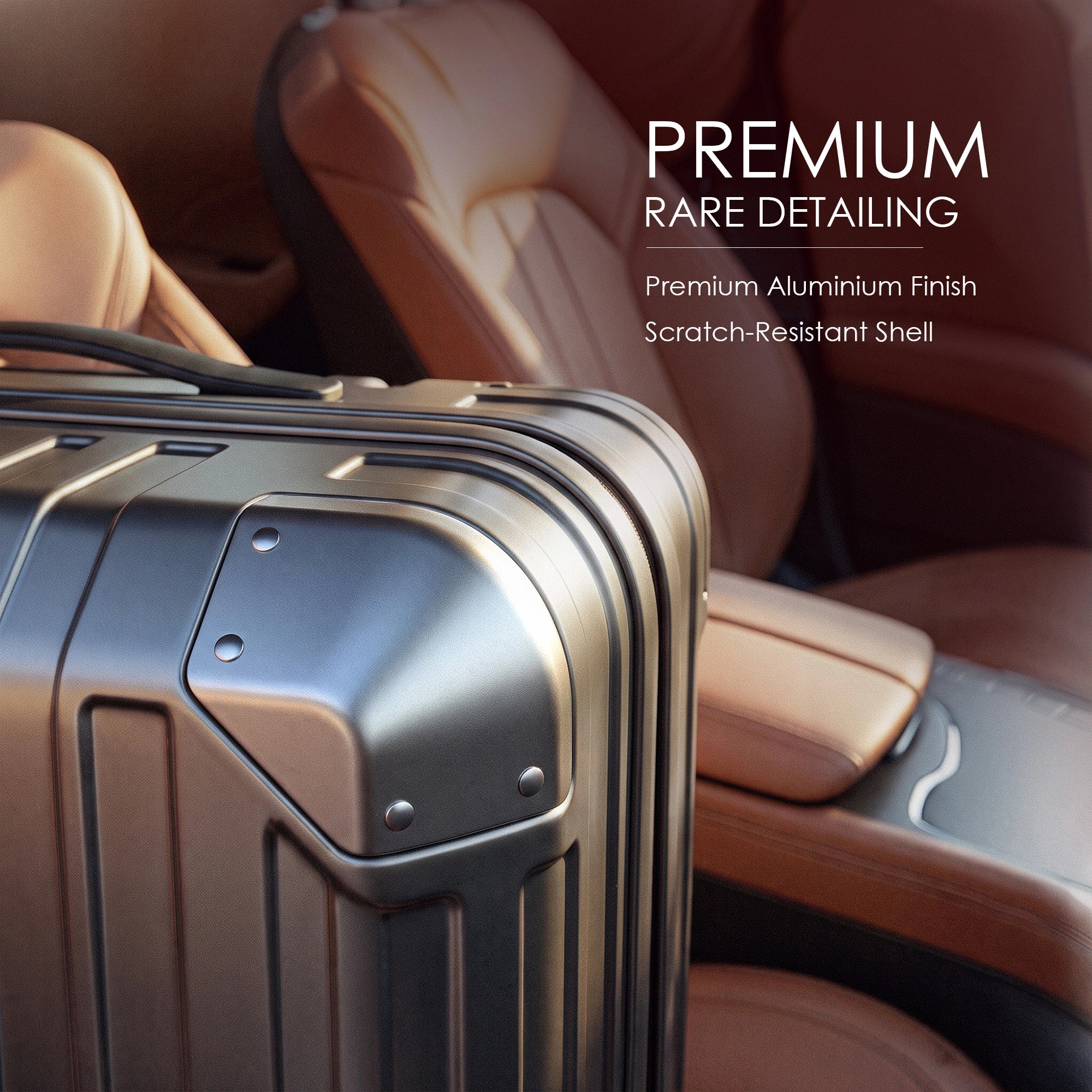Silver polycarbonate suitcase corner with scratch-resistant shell and side panel details