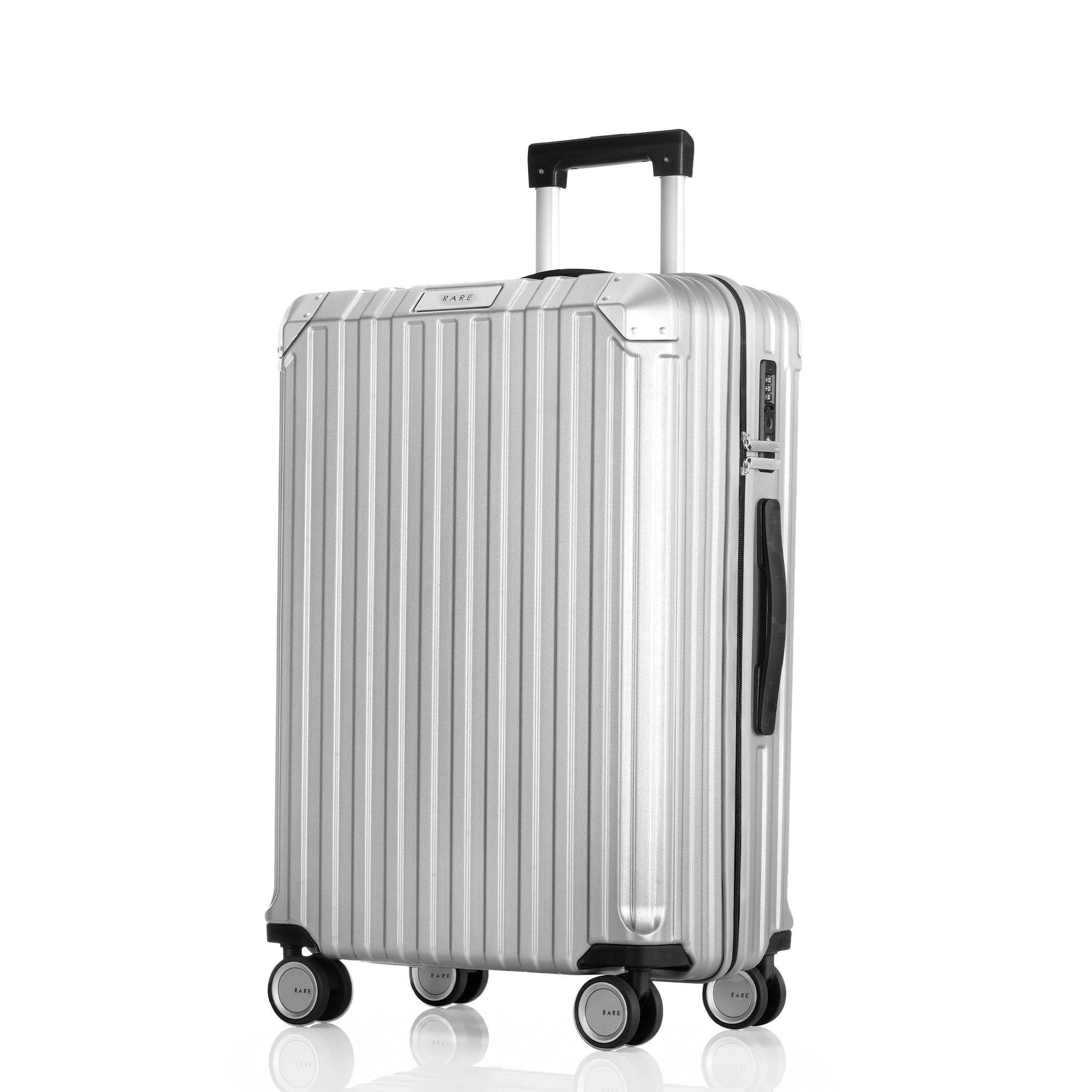 Silver polycarbonate carry-on suitcase with telescopic handle and 8 wheels
