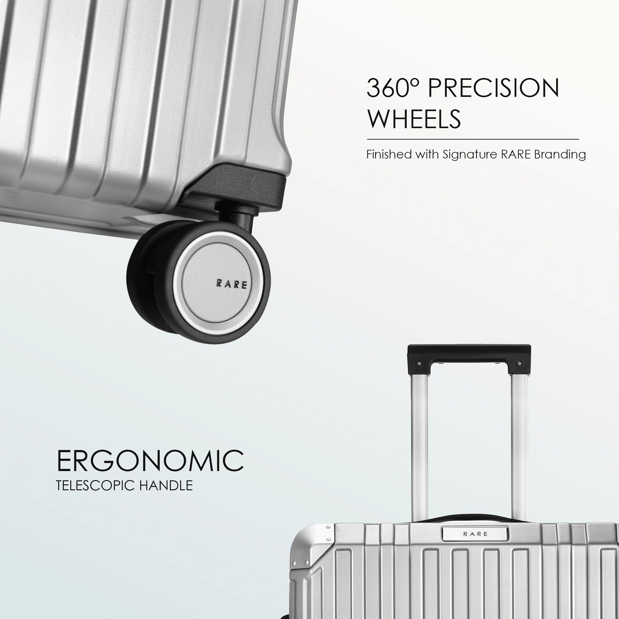 Silver suitcase with 360-degree wheels and telescopic handle base