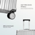 Silver suitcase with 360-degree wheels and telescopic handle base