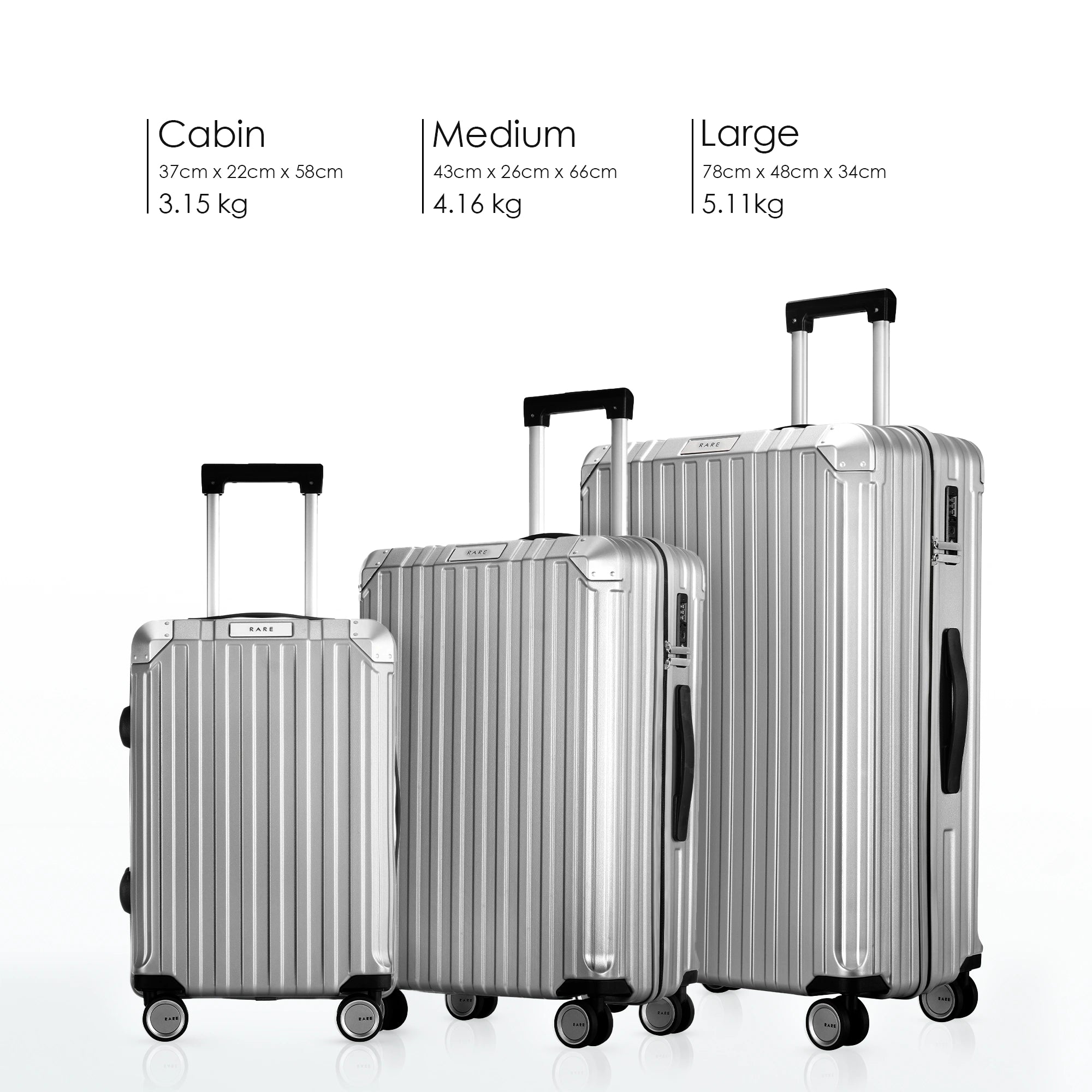 Set of three silver polycarbonate suitcases with telescopic handles and spinner wheels