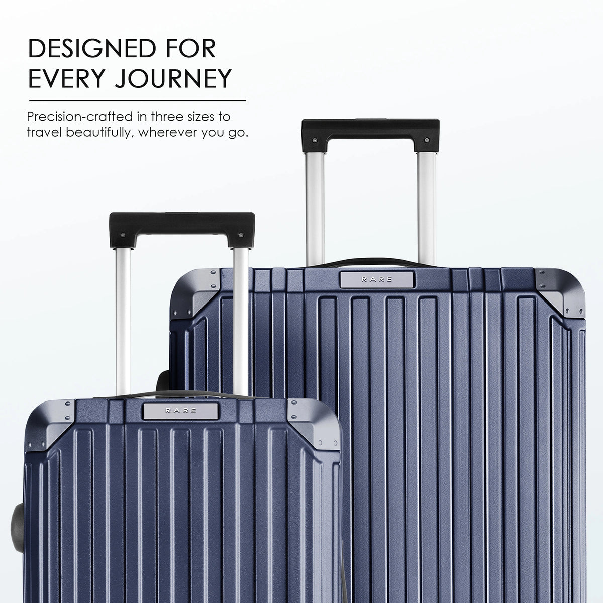Blue polycarbonate luggage set with telescopic handles and ridged shell