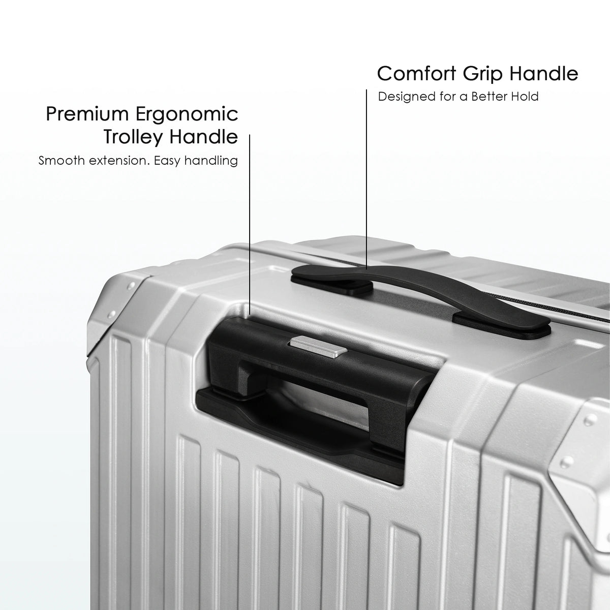 Silver hard-shell suitcase with comfort grip trolley handle