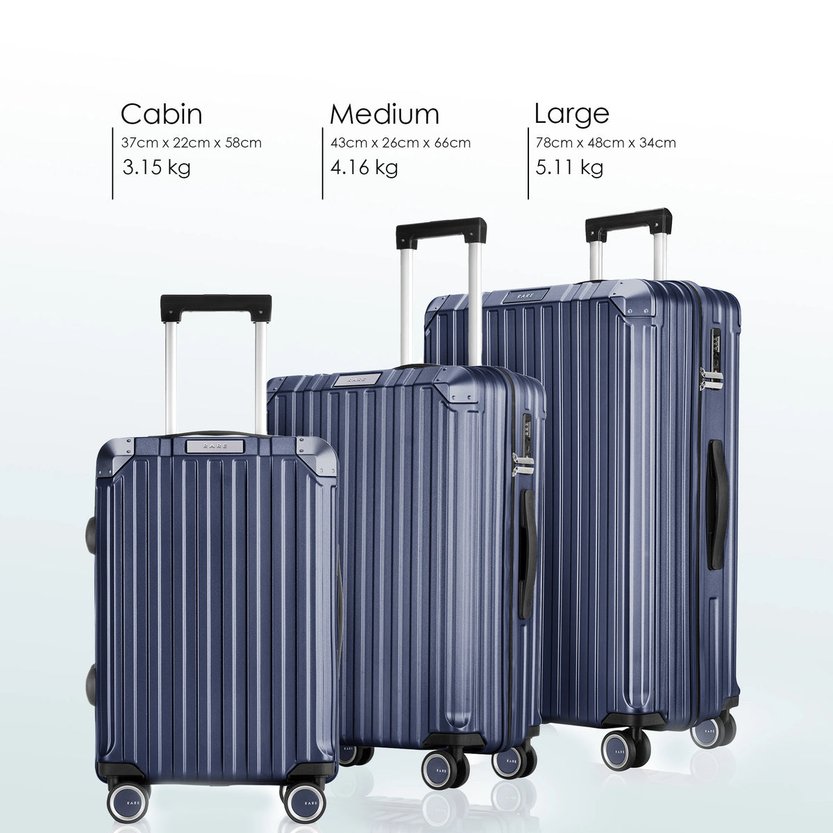 Three-piece polycarbonate spinner luggage set: cabin, medium, and large sizes