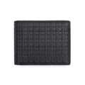 Black leather bi-fold wallet with embossed monogram pattern on front.