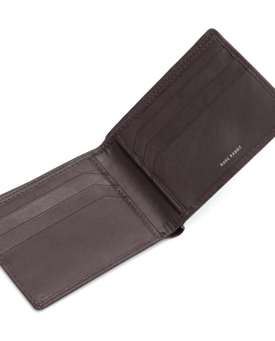 Leather bi-fold wallet interior with card slots and stitched edges, brown.