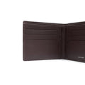 Leather bi-fold wallet open interior showing card slots, dark brown.