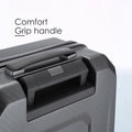 Hard-shell trolley luggage with comfort grip carry handle on top