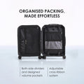 Hard-shell trolley luggage open with organized packing compartments and cross-ribbon system