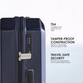 Hard-shell polycarbonate trolley luggage side view with combination lock panel
