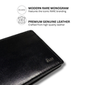 Black leather bi-fold wallet front detail with Rare logo and stitched border