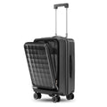Dark grey polycarbonate cabin trolley with front laptop compartment and 8 spinner wheels