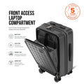 Black cabin trolley with front laptop compartment open and side carry handle