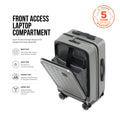 Grey cabin trolley with front access laptop compartment, open lid, top handle