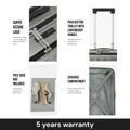 Grey cabin trolley with push-button trolley handle, secure lock, and included shoe bag