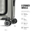 Grey trolley spinner wheels close-up with reinforced wheel housing and 360° rotation