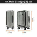 Light grey hardshell cabin trolley with front panel handle and multiple compartments