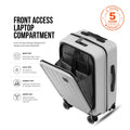 Grey polycarbonate cabin trolley with open front laptop compartment and 8 wheels