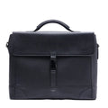 Black leather men’s briefcase bag with structured front flap and top handle