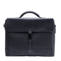 Black leather men's briefcase with top handle and front buckle flap