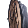 Opened black leather briefcase bag interior lining with hanging compartments