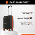 Small cabin suitcase, black hard-shell with upright handle and 8 wheels