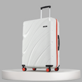 White hard-shell suitcase with 8 wheels, red trim, and upright telescopic handle.