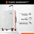 White large check-in suitcase, hard shell, red trim, telescopic handle, 8 wheels