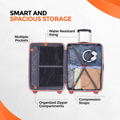 Open large check-in suitcase interior with zip compartments and compression straps
